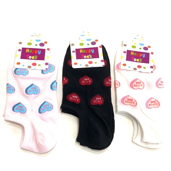 Conversation Heart Socks 3 Pair One Size Black White Pink - Picture 3 of 6